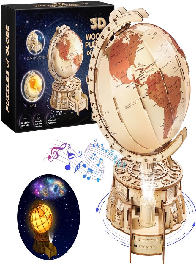Elcoho 189-Piece 3D Wooden Globe Puzzle for Adults - 24 x 22 x 35cm Illuminated Globe DIY Model Kit with Stand Built-in LED Music Starry Projector Slide Box Stem Gifts for Adults/Teens - Image 1